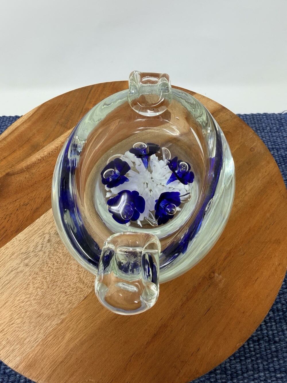 Art Glass Ashtray Paperweight, Blue Flowers, Controlled Bubbles, St Clair Style